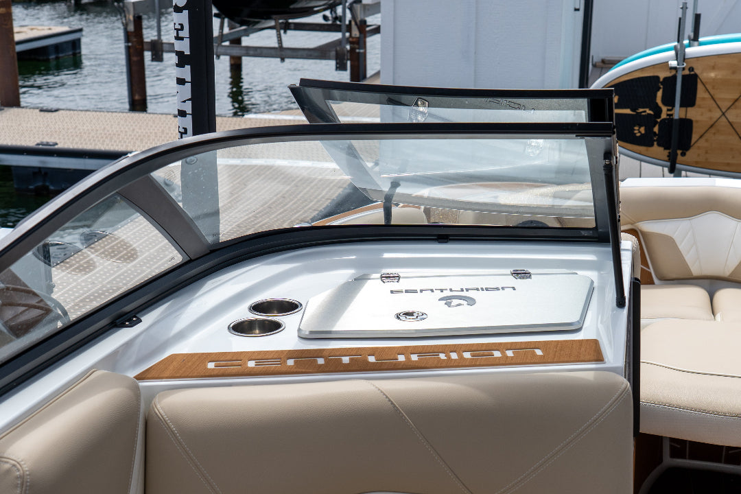Close-up of a boat's interior with 'Centurion' branding.
